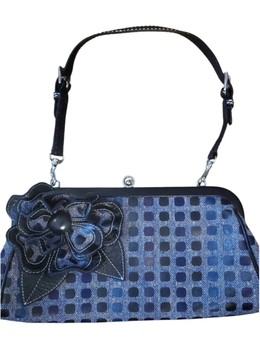 Isabella Fiore Blue & Black Square Patterned 3D Floral Accent Women's Clutch Bag